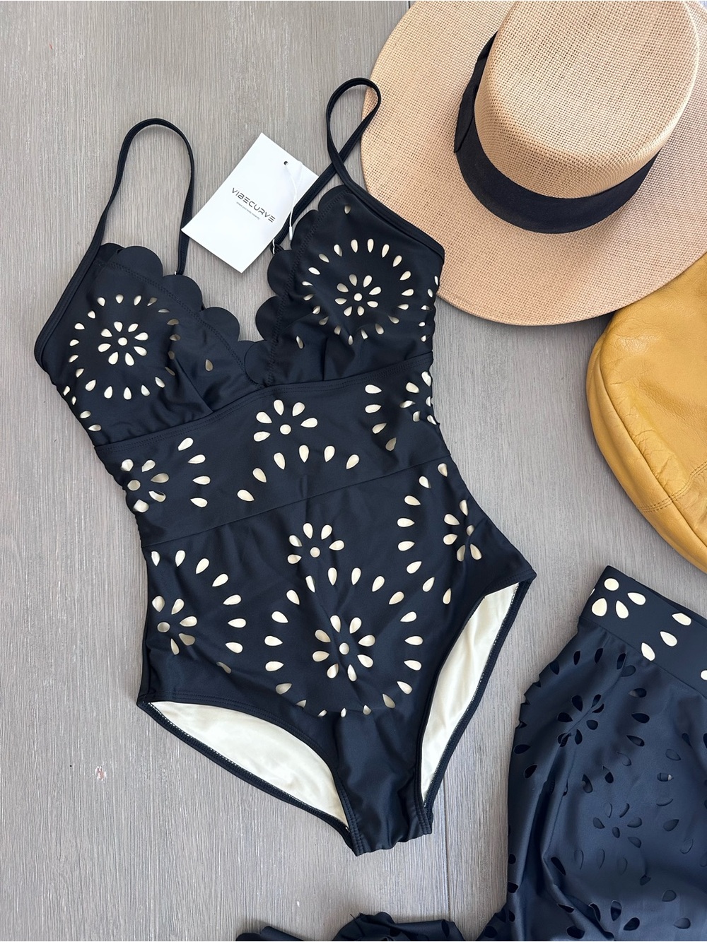 VibeCurve Stunning Black Eyelet One piece Swimsuit with matching Skirt Cover Up